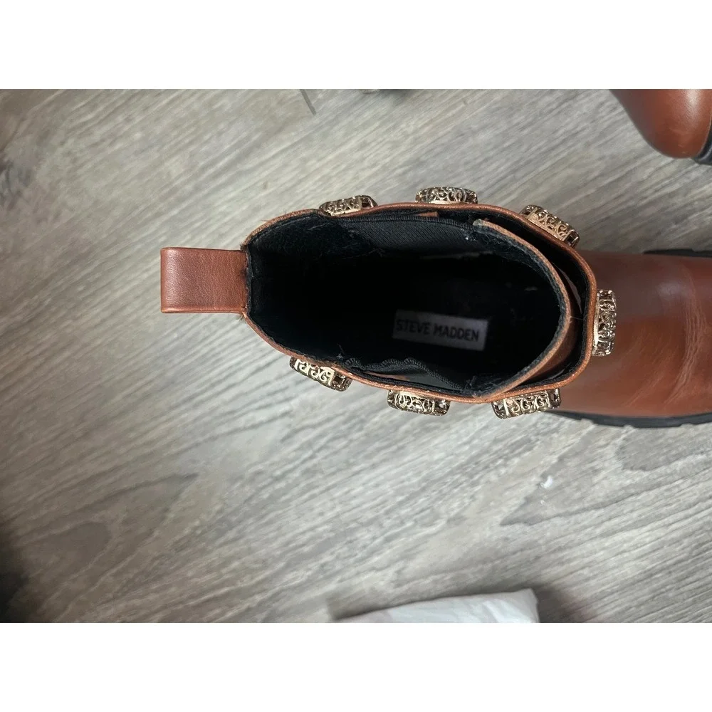 Steve Madden Brown Leather Jeweled Strap Lug Sole Chelsea Boots Chunky  size 7